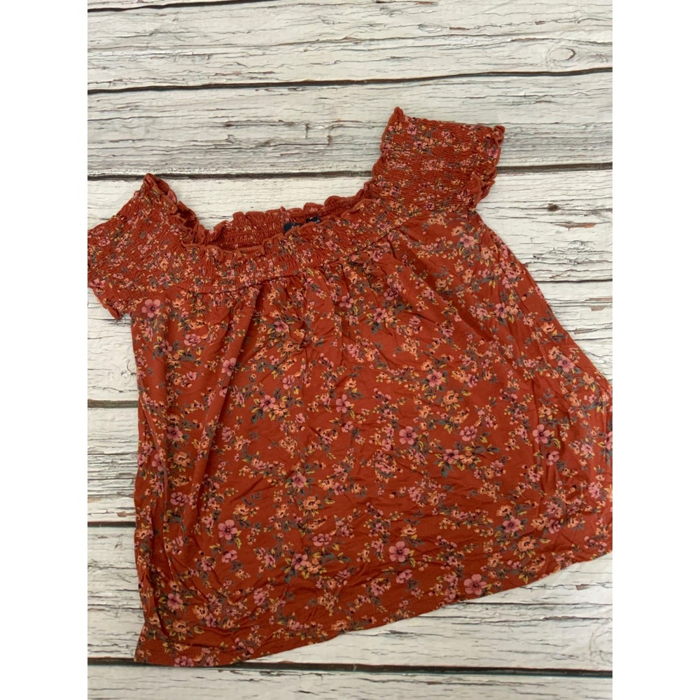 American Eagle Floral Smocked Top Rust Orange Boho Square Neck Blouse XS